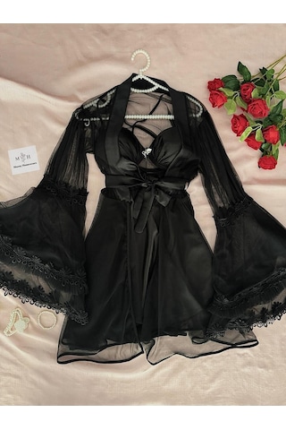 Mh Moony Homewears Lüx Kutulu Vip Finland 10'lu Çeyiz Seti Saten Gecelik Tül Sabahlık İç Giyim Tulum Pijama Çeyiz Seti Siyah