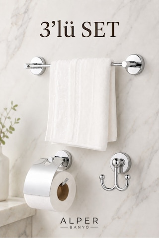 Alper Banyo Krom 3'Lü Banyo Seti, Düz Havluluk, Kapaklı Kağıtlık Ve Bornoz Askısı