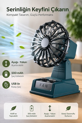Exenar - Mavi - Şarjlı Masaüstü Mini Vantilatör Retro Tasarım 2 Kademeli Mini Fan 500 Mah Taşınabilir Fan