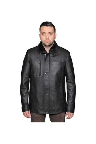 Derije Owen Hakiki Deri Erkek Kürklü Siyah Ceket-Mont-Kaban