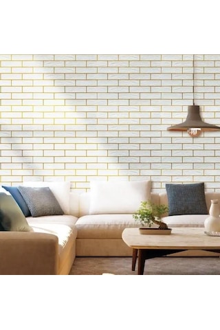 70x70cm 1 Adet Kendinden Yapışkanlı Gold Çizgili Altın Beyaz Tuğla Desen Duvar Kağıdı Paneli Nw176