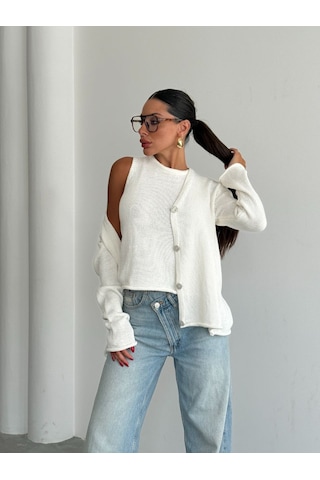 Kadın Giyim İkili Bluz Hırka Triko Takım Optik Beyaz Renk Ekru