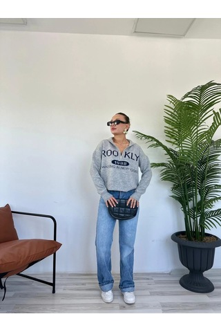 Keymoda Kadın Brooklyn Baskılı Kazak Gri Gri