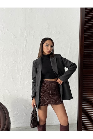 Verymoda Payetli Mini Etek - Şık Gece Ve Parti Modası F1980 Kahve