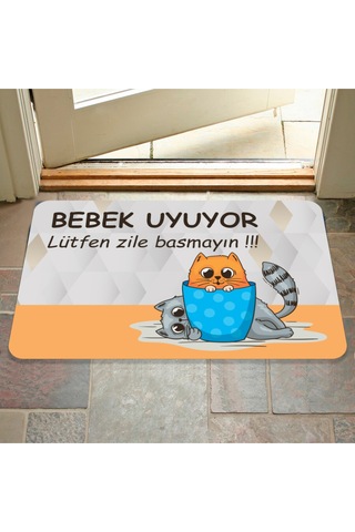 Bebek Uyuyor Lütfen Zile Basmayın Yazılır Dekoratif Dış Kapı Önü Ve Iç Mekan Paspası Yıkanabilir Bej