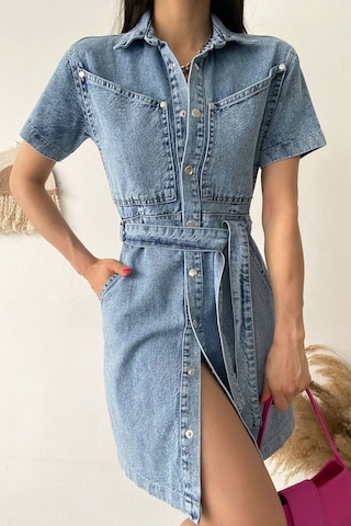 Noa & Noa Kadın Kemerli Düğmeli Denim Elbise Şehirli & Vücuda Oturan Stil Mavi