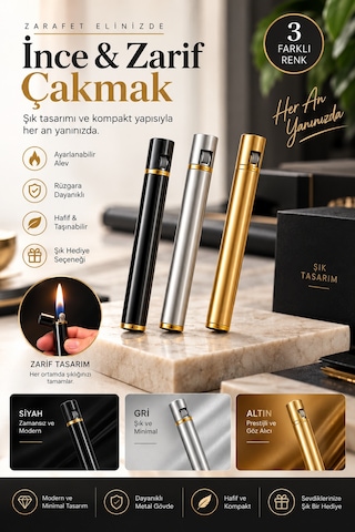 İnce Kalem Tasarımlı Gaz Dolumlu Metal Kapaklı Premium Siyah