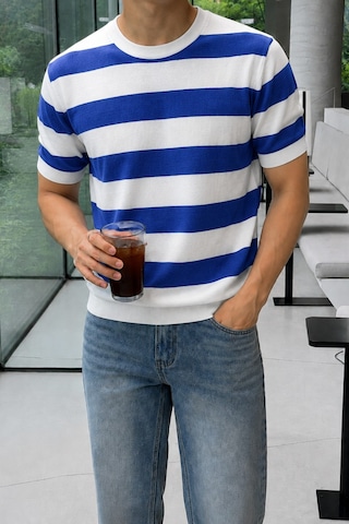 Tarz Cool Erkek Çizgili Triko Tişört Bisiklet Yaka Slim Fit Yazlık İnce Dokulu Lacivert
