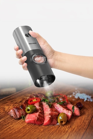 Neutron Pilli Led Işıklı Tuz Karabiber Baharat Değirmen Öğütücü Siyah