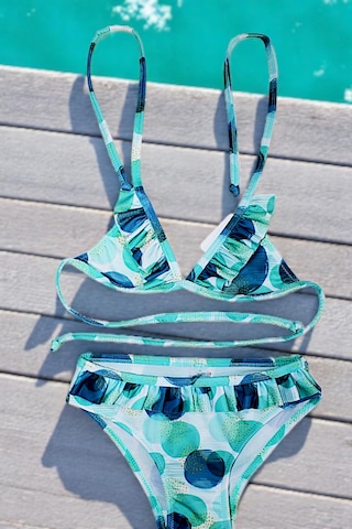 Lolliboomkids Kız Çocuk Fırfır Detaylı Üçgen Bağlamalı Yeşil Geometrik Desenli Bikini Takımı Yeşil