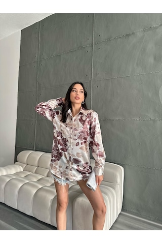Kadın Oversize Ekru Renk Kahve Çicek Detaylı Saten Gömlek-kahve Kahve
