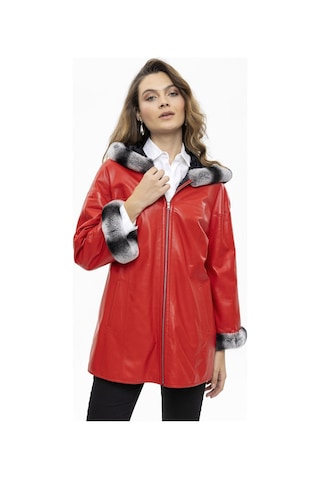 Kırmızı Perla Geniş Kesim İçi Kumaş Çift Taraflı Kapüşon Ve Kol Ağzı Kürklü Kadın Hakiki Deri Kaban-kırmızı Kırmızı
