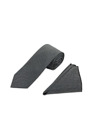 Brianze 7 Cm Siyah Beyaz Desenli Kravat Mendil Set Siyah - Beyaz