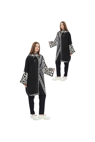 Kadın Büyük Bedene Uygun Kapüşonlu Kışlık Kalın Leopar Desenli Panço Leopar Siyah