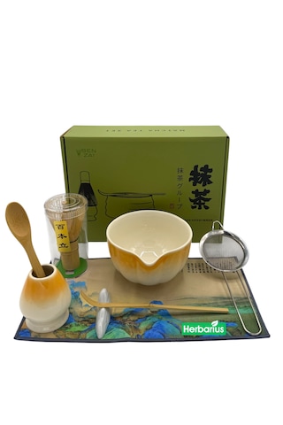 6 Parça Turuncu Beyaz Renk Matcha Çayı Hazırlama Seti - Geleneksel Japon Matcha Seti Turuncu - Beyaz