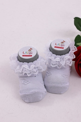 Burçak Çorap Soft Yıkamalı Kız Bebek Çorabı - Tül Ve Güpür Detaylı Pamuklu Model 4'lü Dantelli Beyaz