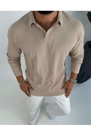 La-boum Polo Yaka Bürümcük Uzun Kol Sweatshirt Bej