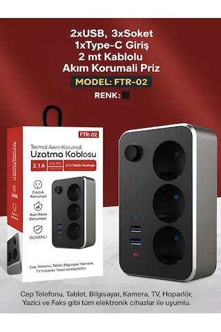 Elektrik Sigortalı Akım Korumalı 2-usb 1-pd Type-c 3'lü Priz 2 Me