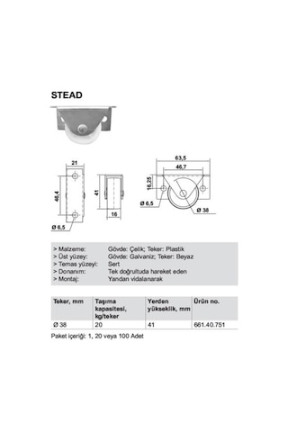 Hafele Stead Tekerlek Frensiz Beyaz 38X41Mm