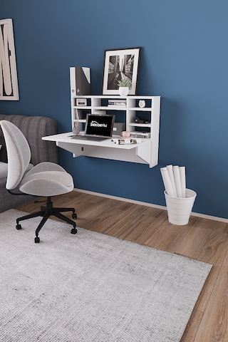 Df01104cm Duvara Monte Katlanır Çalışma Masası Raflı Duvar Masası, Minimal Tasarım Beyaz