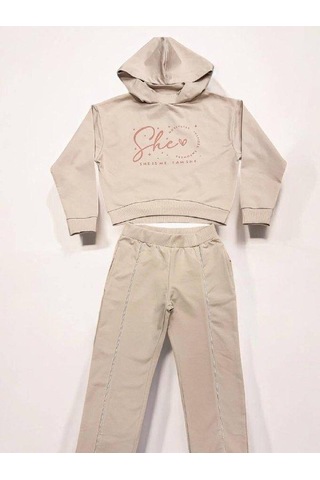 Kız Çocuk Kapüşonlu She Is Me Yazılı Eşofman Takım-15365 Bej