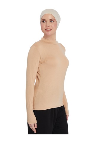 Kadın Organik Uzun Kollu Balıkçı Yakalı Body Koyu Bej