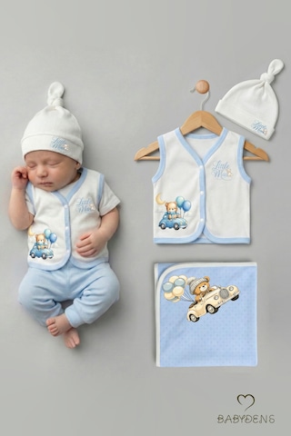 Babyden's Erkek Bebek 3 Lü Set Yenidoğan Bebek Seti, Jakarlı Battaniye, Şapka, Yelek 6-9 AY