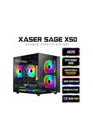 Xaser Sage X50 R5-7500F Ddr5 16 GB 512 GB M.2 NVMe SSD 8 GB RTX5060 Free Dos Masaüstü Oyuncu Bilgisayarı