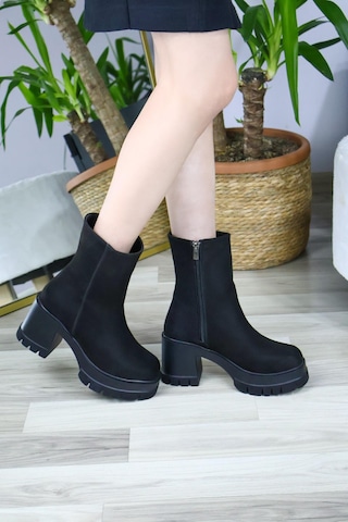 Asmi Shoes Kadın Leysi 8 Cm Platformlu Topuklu Fermuarlı Bot Siyah Süet Siyah