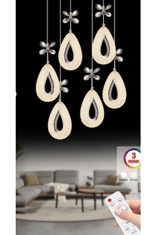 Damla 6 Lı Gümüş 3 Renk Ledli Kumandalı Modern Sarkıt Led Avize