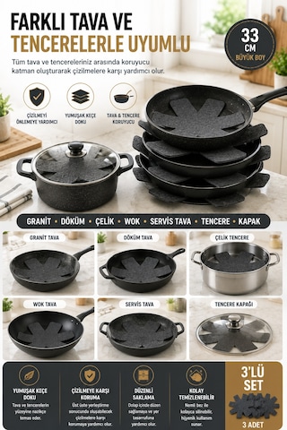 3'lü Antrasit Tava Çizdirmez Keçe Koruyucu 33 Cm Tava Tencere Ayırıcı Çizik Önleyici Organizer Set