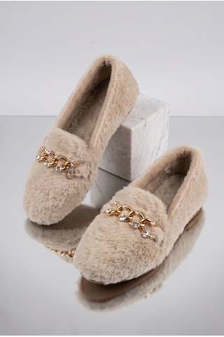 Nmoda Kadın Peluş Panduf Gold Zincir Taşlı Aksesuarlı Kapalı Loafer Yumuşak Tabanlı Kışlık Rahat Babet Krem
