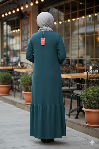 Hesna Kadın Derya Fitilli Doku Eteği Farbalı Broşlu Petrol Elbise Petrol