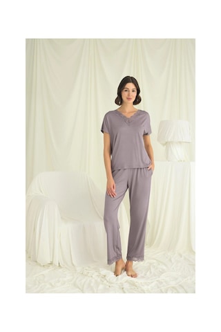Litae Herşeytrend Kısa Kollu V Yakalı Dantelli Pijama Takımı Gri