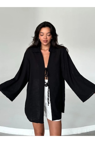 Siyah %100 Keten Bağcık Detaylı Kimono Bluz - 5218 Siyah
