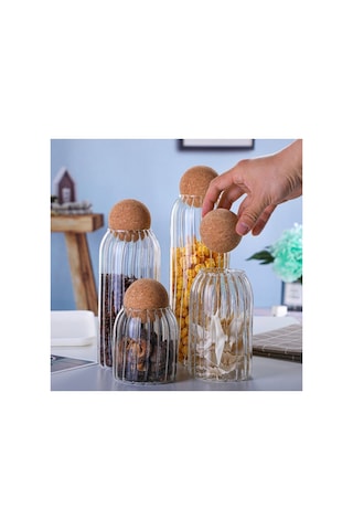Reoona 4'lü Top Mantar Kapaklı Cam Kavanoz Ve Baharatlık Seti Çizgili Desen 500-700-1000-1250 Ml Şeffaf