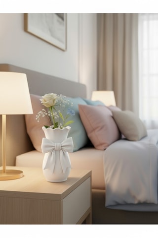 Modern Beyaz Dekoratif Vazo 22 Cm Kurdele Detaylı Şık Tasarım Beyaz