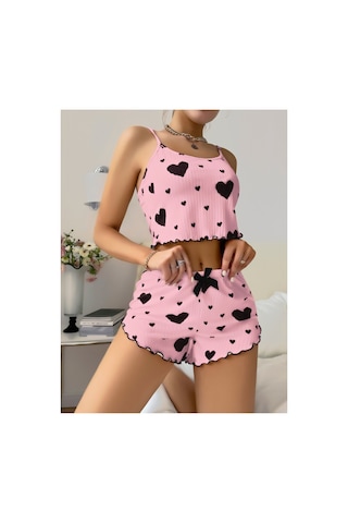 Lily Bianca Nightwear Kalp Desenli Mini Şortlu Penye Gecelik Pembe