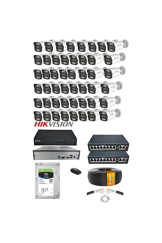 48'li 5mp Ip Kamera Seti Poe Hikvision Nvr İç/dış Mekan Gece Görüş Ses Kayıt Mobil İzleme 1tb Hdd Full Set