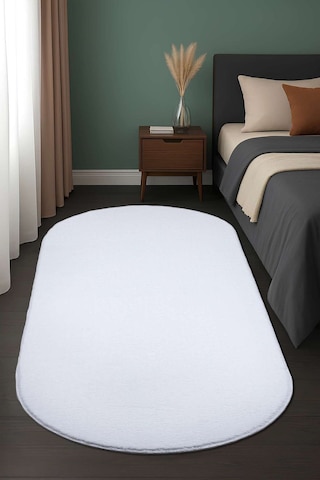 Vl Oval Comfort Overloklu Beyaz Peluş Halı Beyaz Oval Overlok