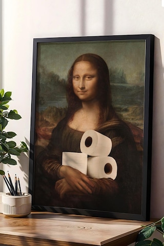 Tuvalet Kağıdı Tutan Mona Lisa Çerçeveli Tablo - Wc Tuvalet İçin Tablo