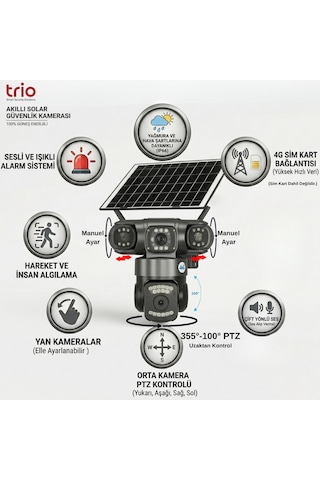 Trıo Tr-sgx349 4g Sim Güneş Enerjili Triple Lens Ptz Güvenlik Kamerası Gece Görüşlü