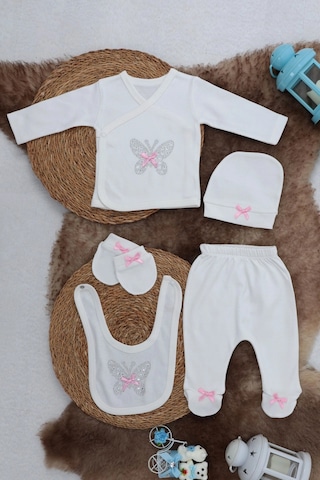 Sema Baby 5 Parça Hastane Çıkışı Zıbın Seti 0-3 Ay - Pink Butterfly Beyaz