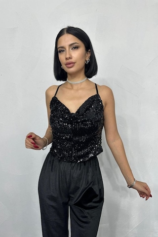 Tanla Butik Siyah Askılı Degaje Bluz Siyah