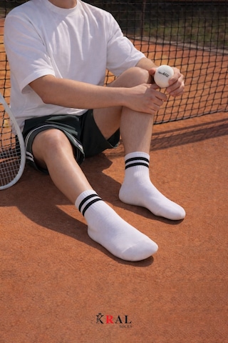 Kral Socks Erkek Kadın 3 Çift Çizgili Kolej Tenis Çorabı Pamuklu Terletmez Çorap Beyaz