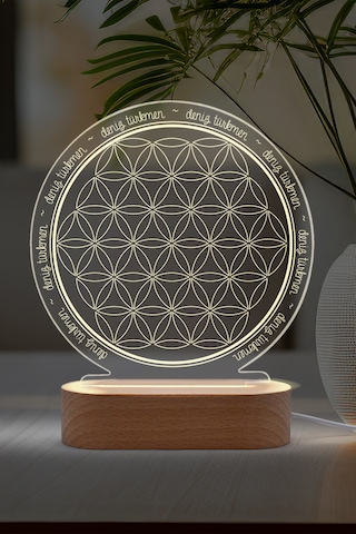 Yaşam Çiçeği Sembollü Kişiye Özel Ledli Gece Lambası Masif Ahşap Tabanlı Usb Kablolu Pleksi Led Gece Lambası