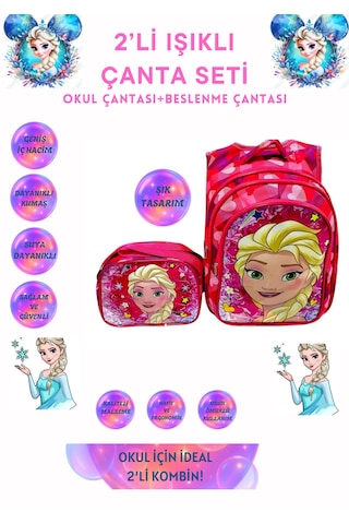 Kız Çocuk Elsa Model Işıklı İlkokul Çantası 2 Li Takım Pembe