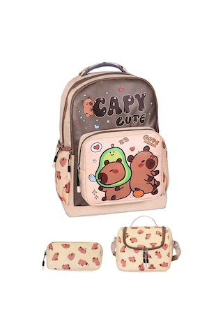 3 Lü İlkokul Capy Cute Baskılı, Erkek Çocuk Beslenmeli Ve Kalemlikli Okul Çantası Bej