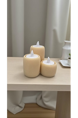 3 Lü Tealight Mumluk Seti Dekoratif Modern Silindir Tasarım-lüks Tasarım- Dekoratif Işık Seti Krem