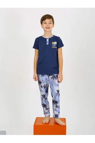 Vitmo Erkek Çocuk Kısa Kollu Düğme Detaylı %100 Pamuklu Pijama Takımı The Palm Lacivert